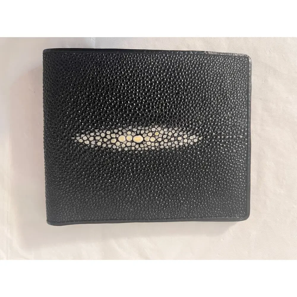 River Black Shagreen Bifold Wallet Genuine Leather ID Holder